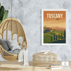 Tuscany Poster Wall Art Print showcasing a scenic landscape with a vintage design in a stylish home setting.