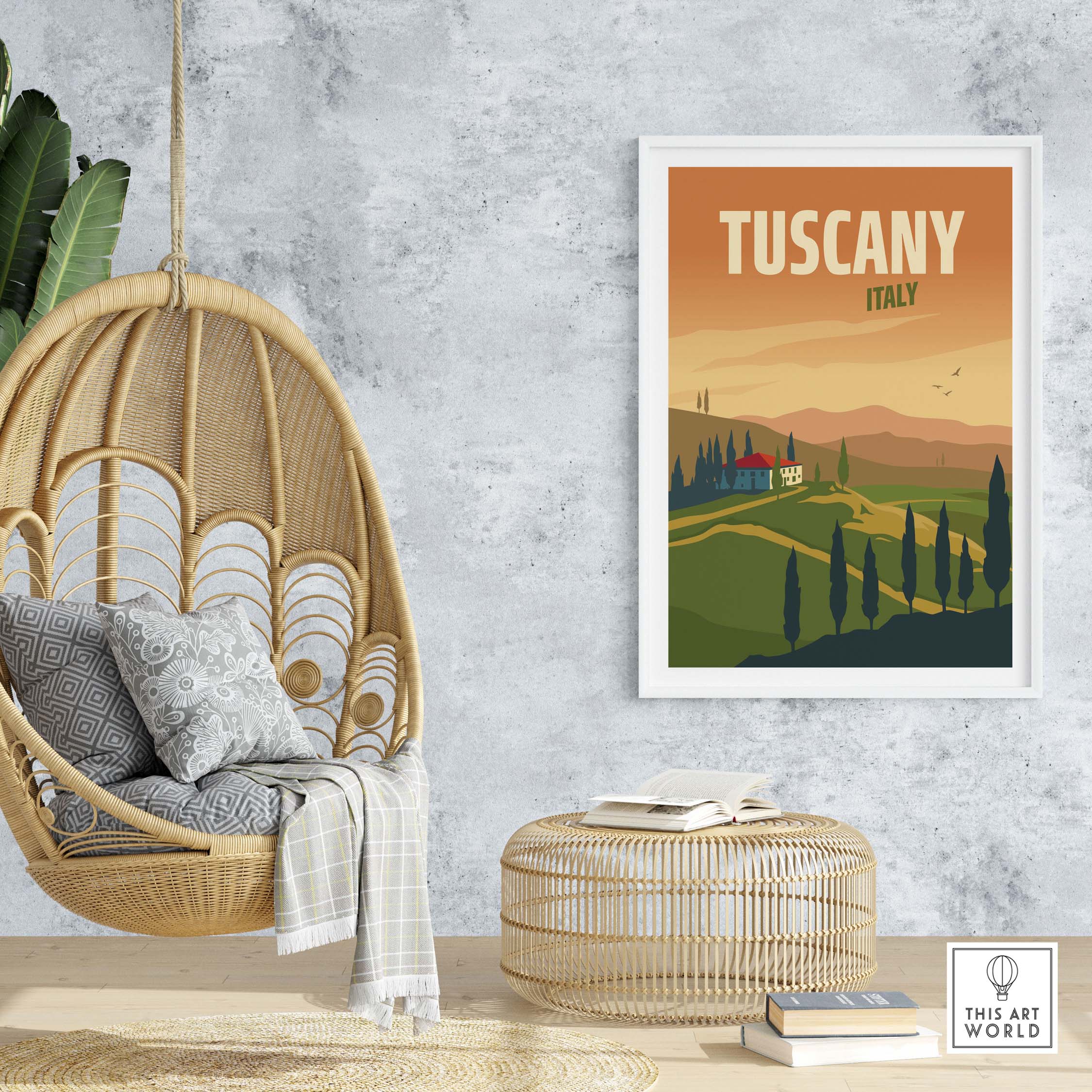 Tuscany Poster Wall Art Print showcasing a scenic landscape with a vintage design in a stylish home setting.