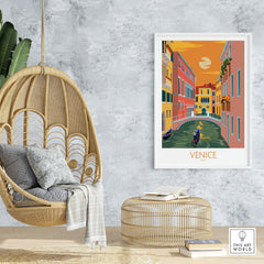 Venice Poster Travel Print displayed in a stylish interior with hanging chair and woven decor, perfect for wanderlust lovers.