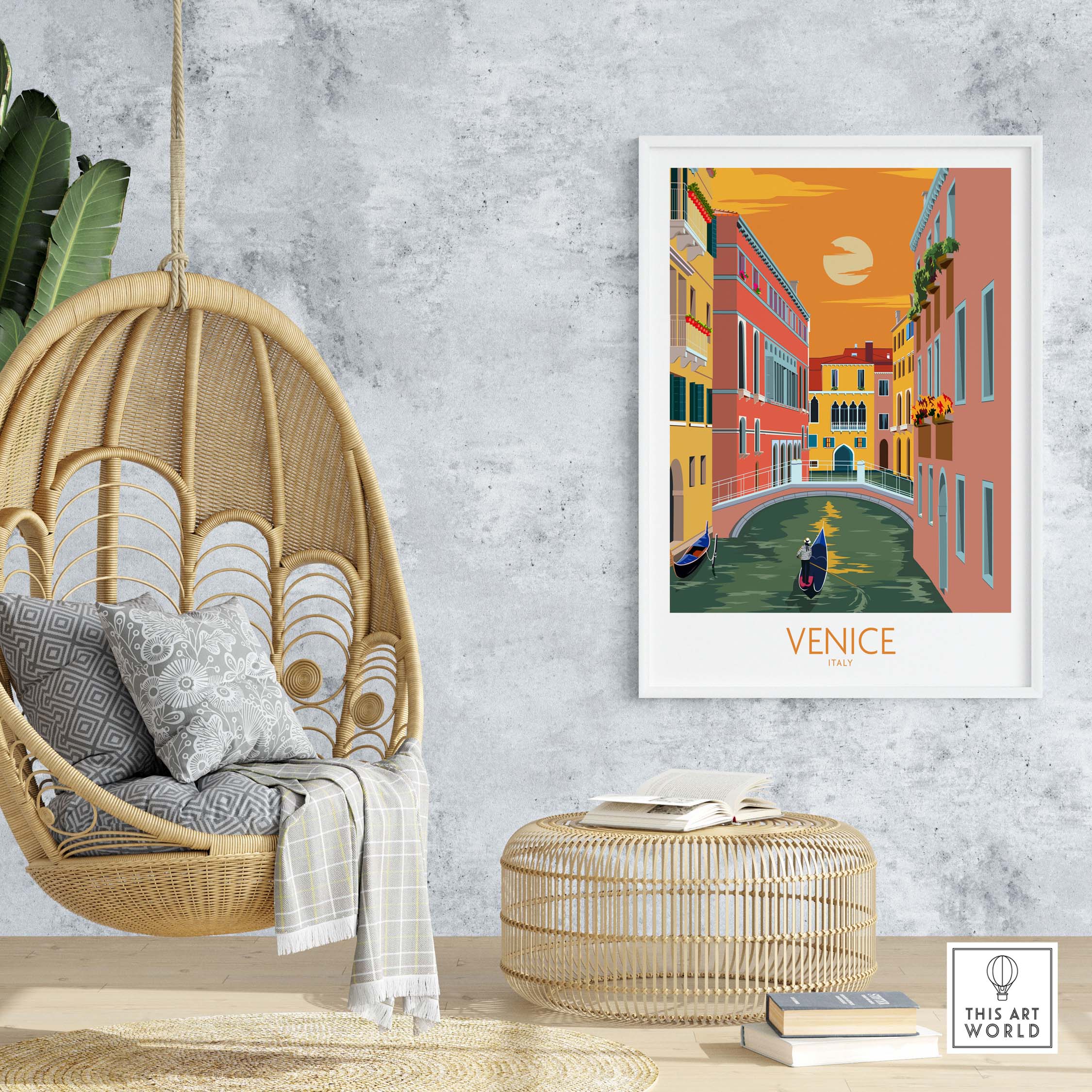 Venice Poster Travel Print displayed in a stylish interior with hanging chair and woven decor, perfect for wanderlust lovers.