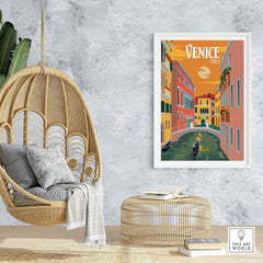 Venice Italy poster print wall art in a cozy interior, showcasing vibrant colors and a nostalgic travel theme.