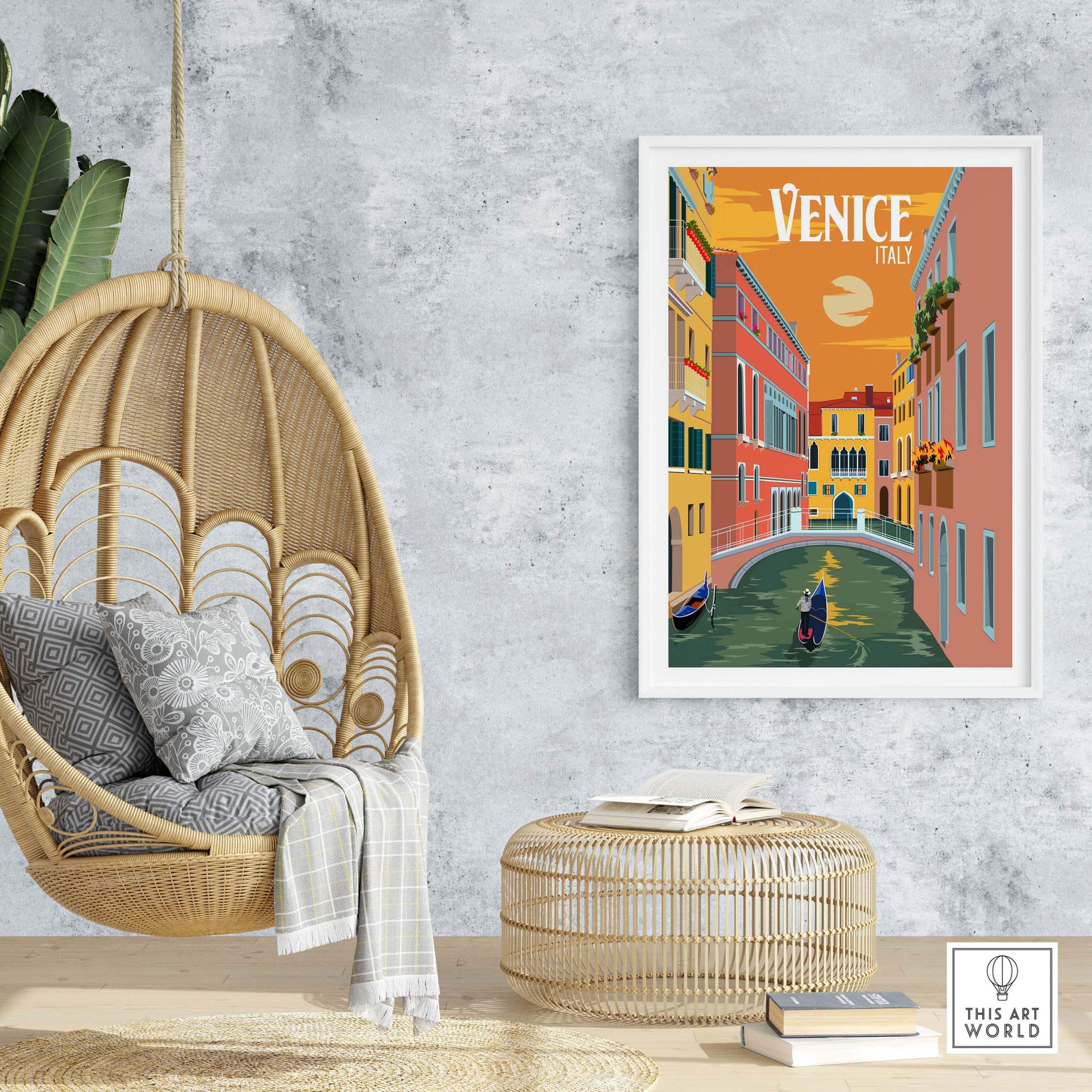 Venice Italy poster print wall art in a cozy interior, showcasing vibrant colors and a nostalgic travel theme.