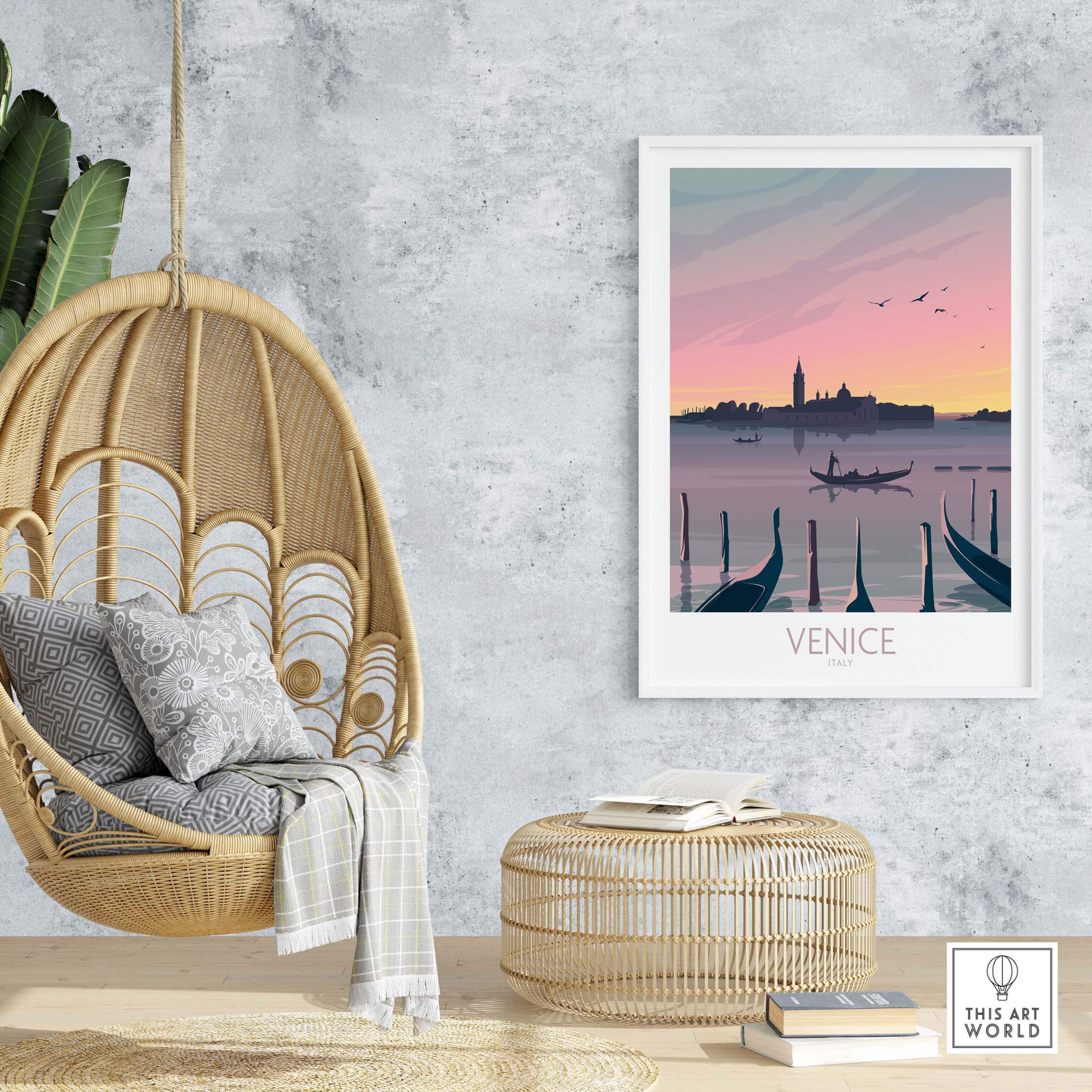 Venice print travel poster showcased in a stylish interior with a hanging chair and decorative elements.