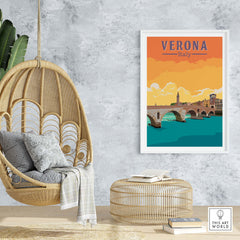Verona Italy vintage travel print displayed in a stylish home setting with a hanging chair and decorative elements.