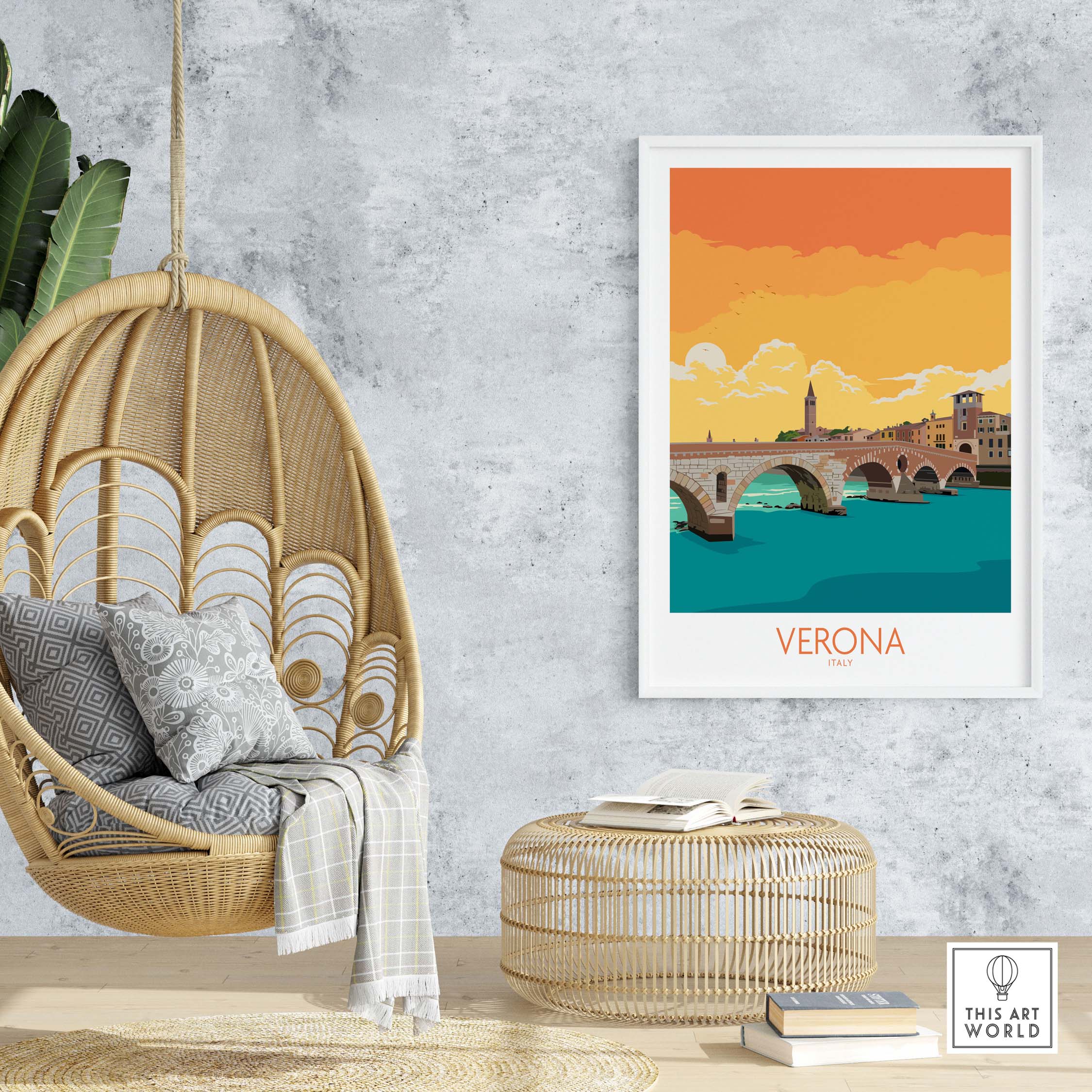 Verona Poster Italy displayed in a stylish interior with a hanging chair and rattan table, evoking wanderlust.