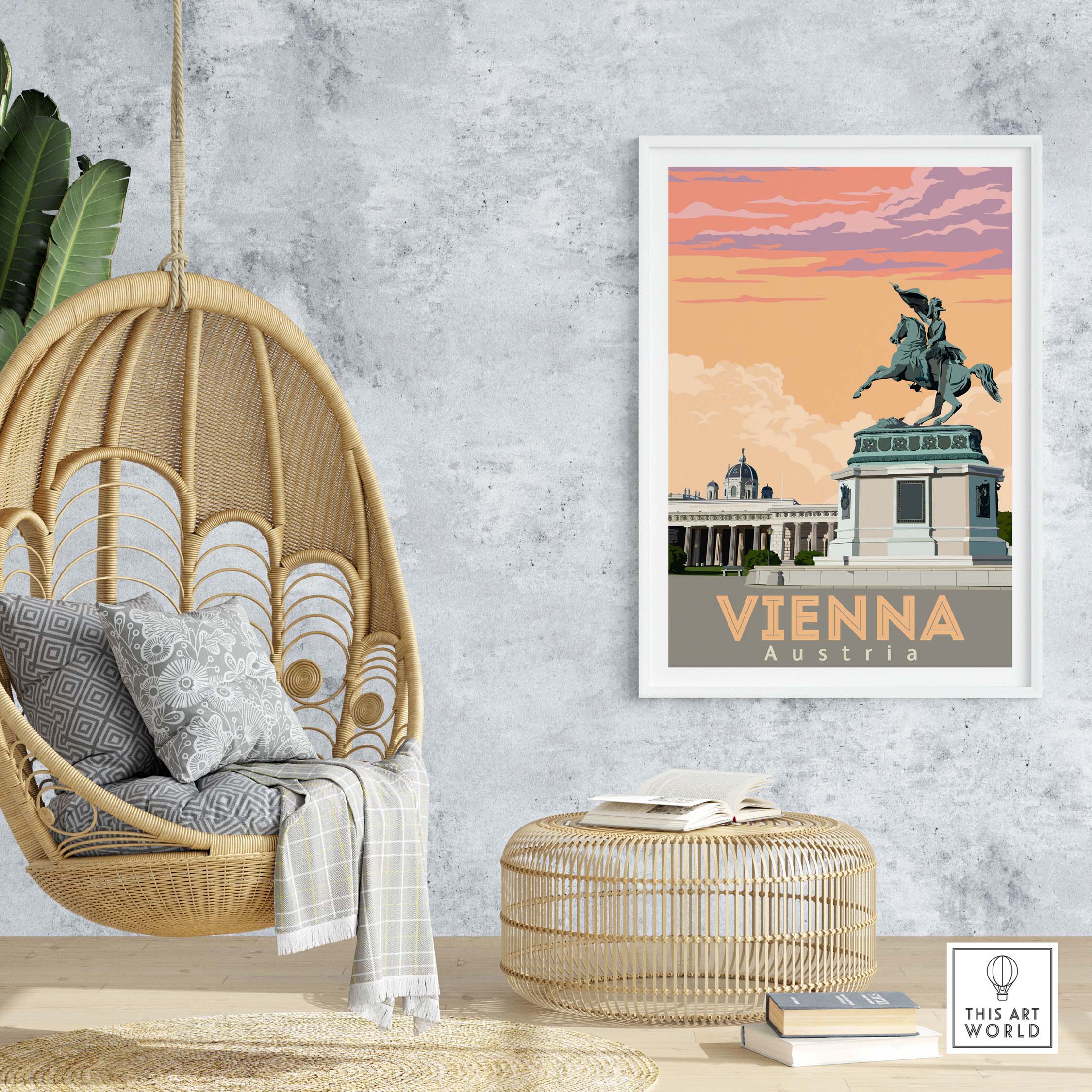 Stylish Vienna poster print showcasing Austria's iconic architecture in a modern living space.