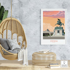 Vienna travel poster featuring a historic statue, framed artwork in a stylish home setting, nostalgic wall art decor.