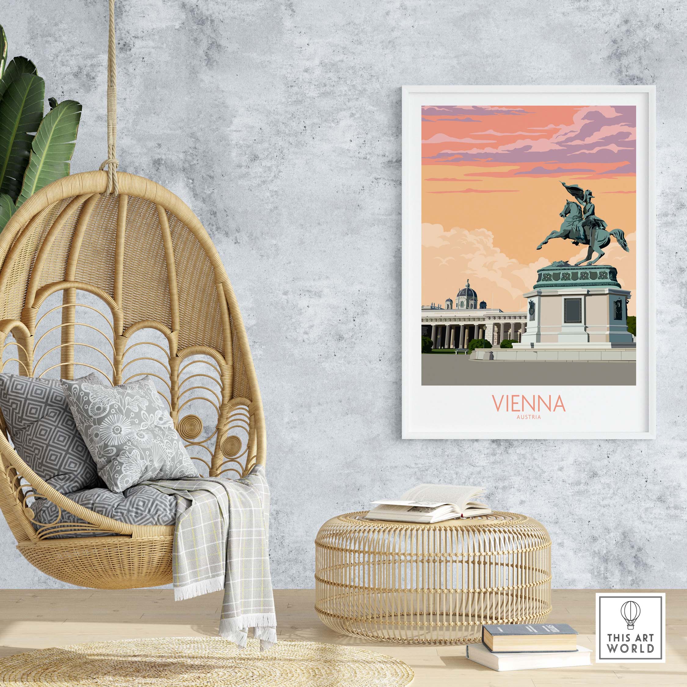 Vienna travel poster featuring a historic statue, framed artwork in a stylish home setting, nostalgic wall art decor.