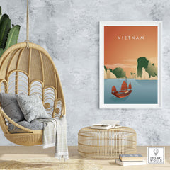 Vietnam Wall Art Poster featuring Ha Long Bay in vintage style, perfect for travel enthusiasts' home decor.