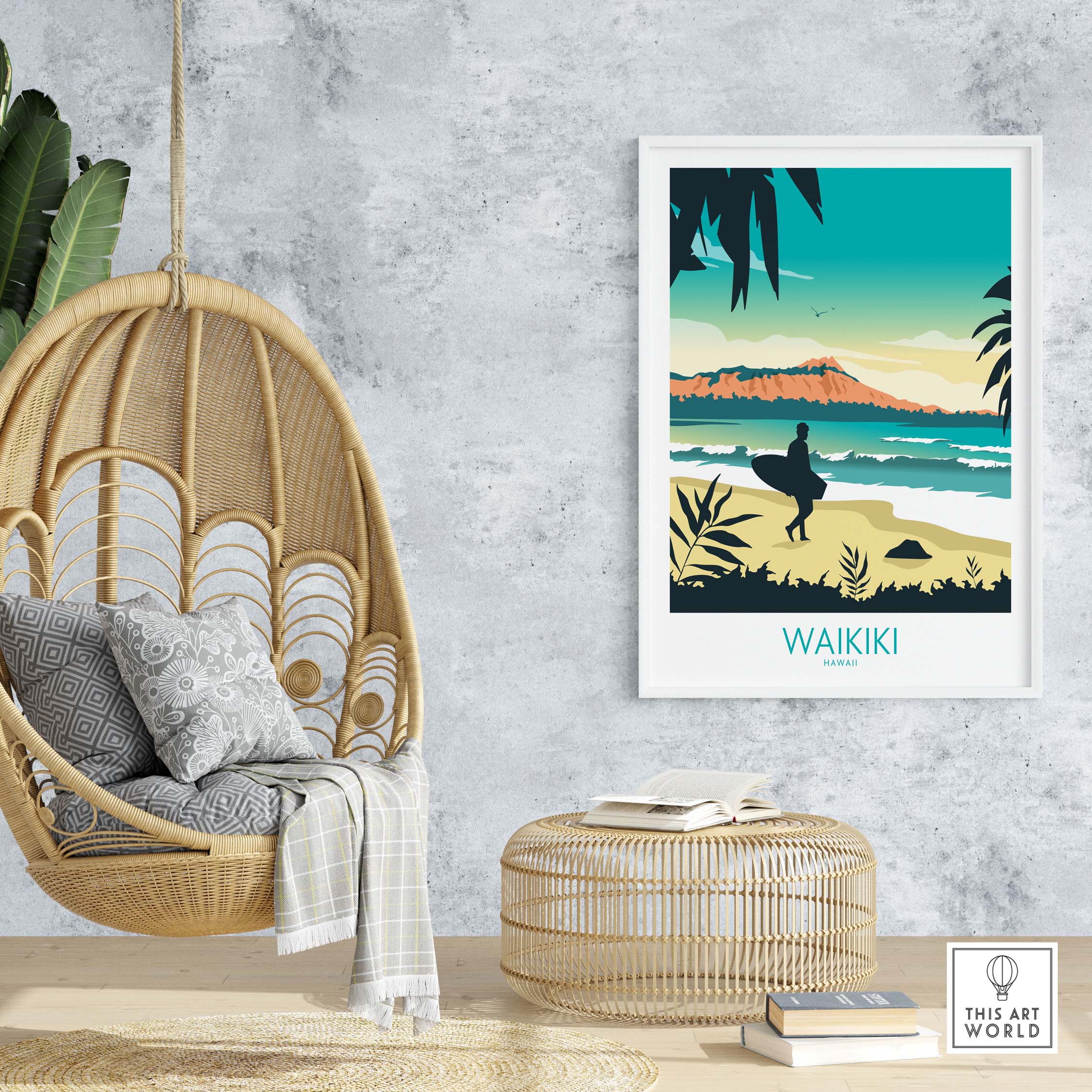 Waikiki Hawaii poster print showcasing beach scene, framed art decor for home or office, sustainable premium quality.