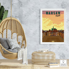 Warsaw Poster Poland displayed in a stylish home setting, featuring vintage travel art and warm sunset colors.