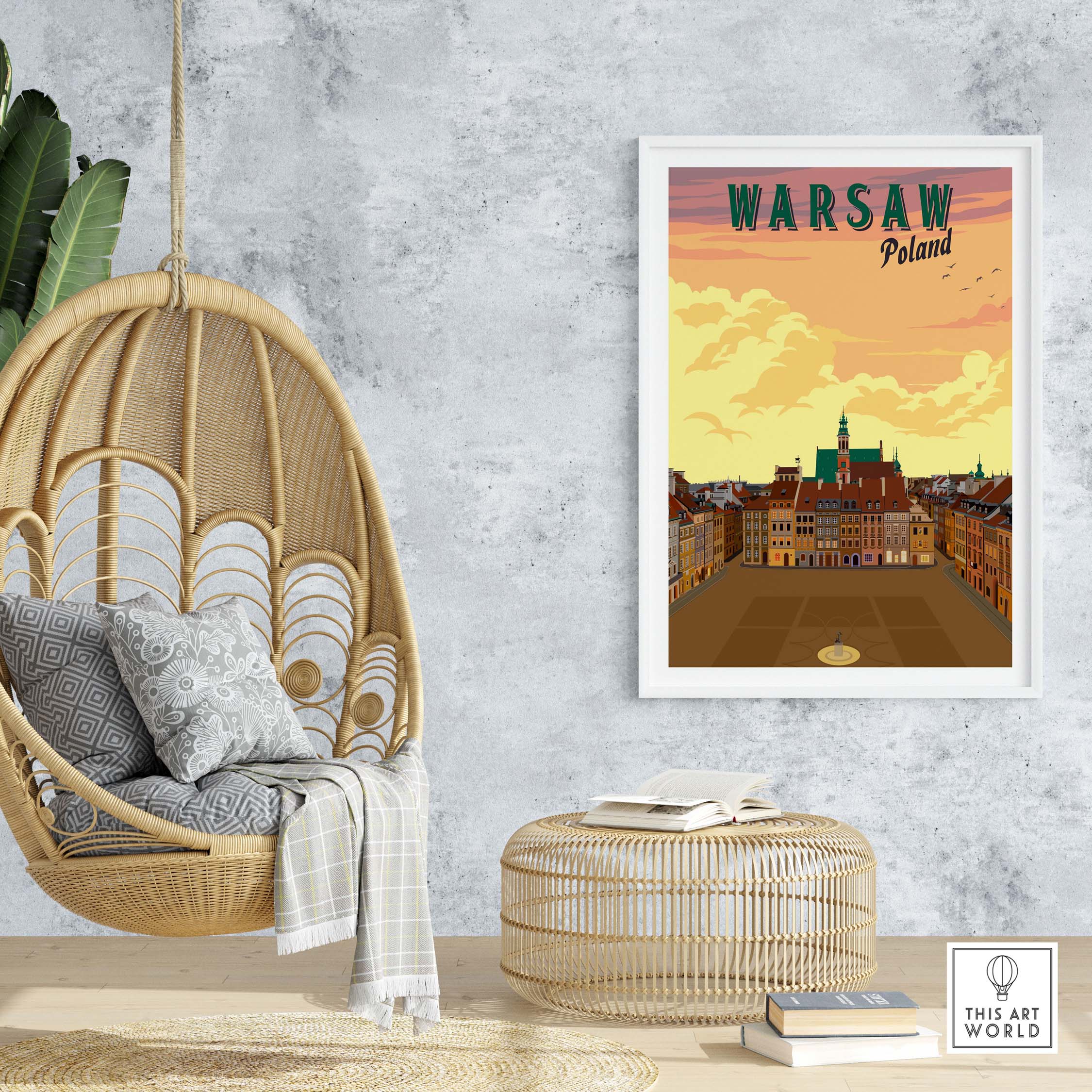 Warsaw Poster Poland displayed in a stylish home setting, featuring vintage travel art and warm sunset colors.