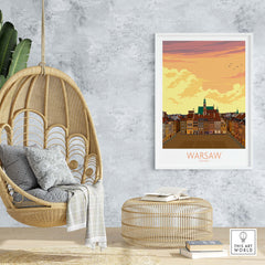 Warsaw Print Poland Poster displayed in a modern interior with a hanging chair and natural decor.