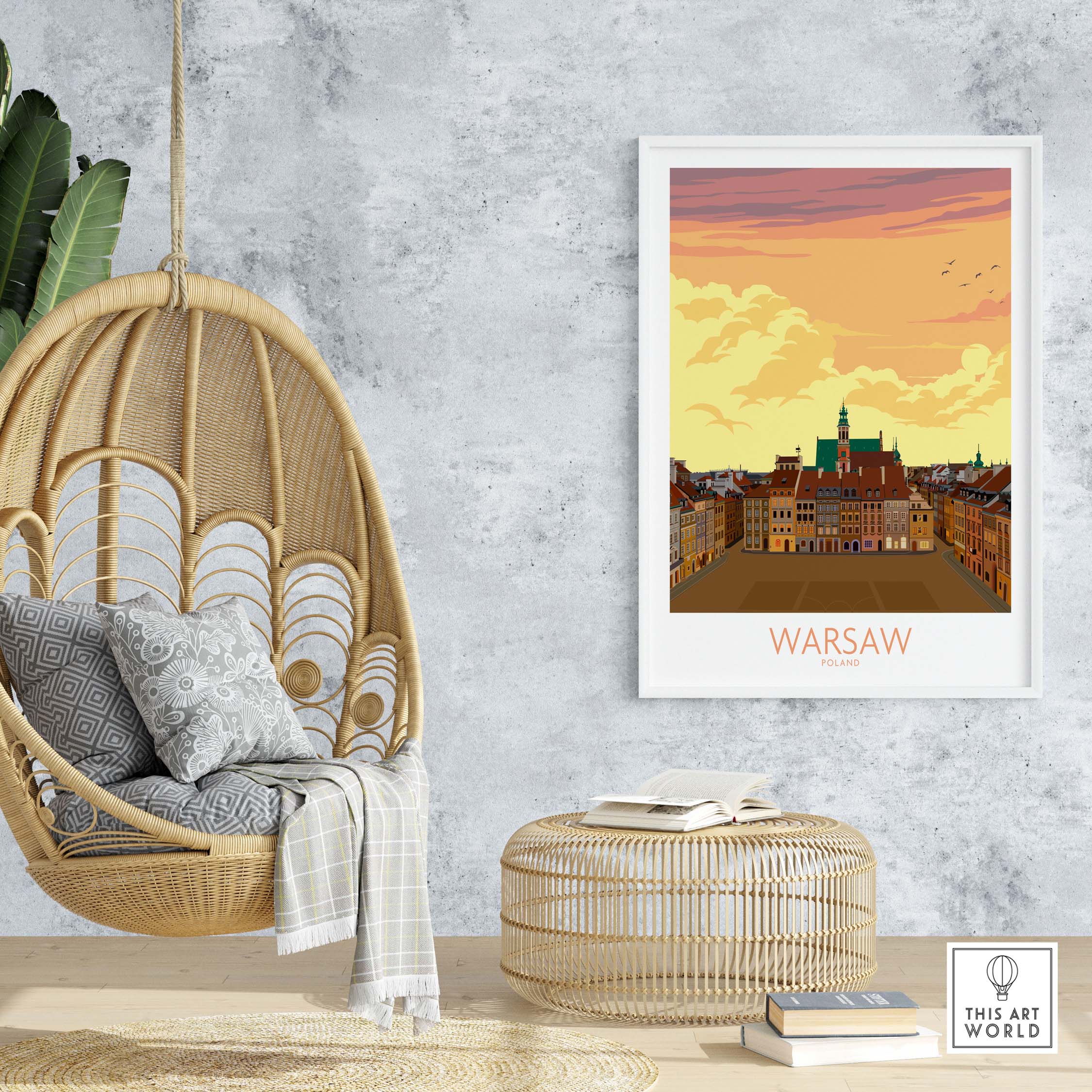 Warsaw Print Poland Poster displayed in a modern interior with a hanging chair and natural decor.