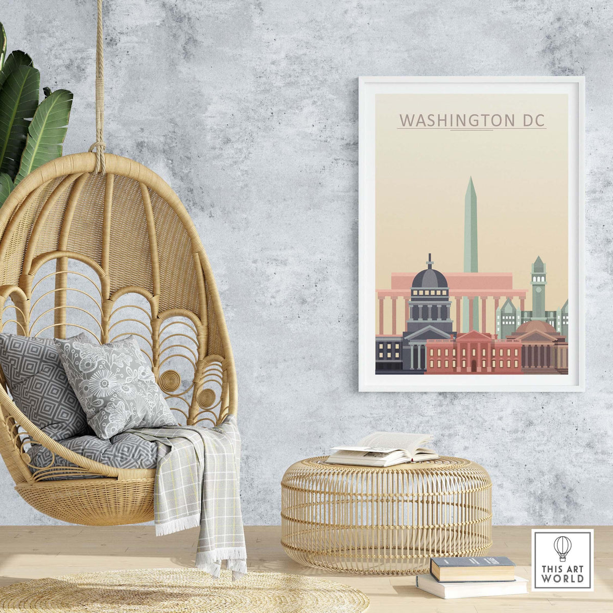Washington DC skyline poster wall art print displayed in a stylish interior with a hanging chair and wicker table.