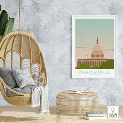 Washington DC wall art print displayed in a modern living space with a hanging chair and stylish decor.