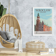 Wroclaw poster print displayed in a stylish home setting with a hanging chair and modern decor.