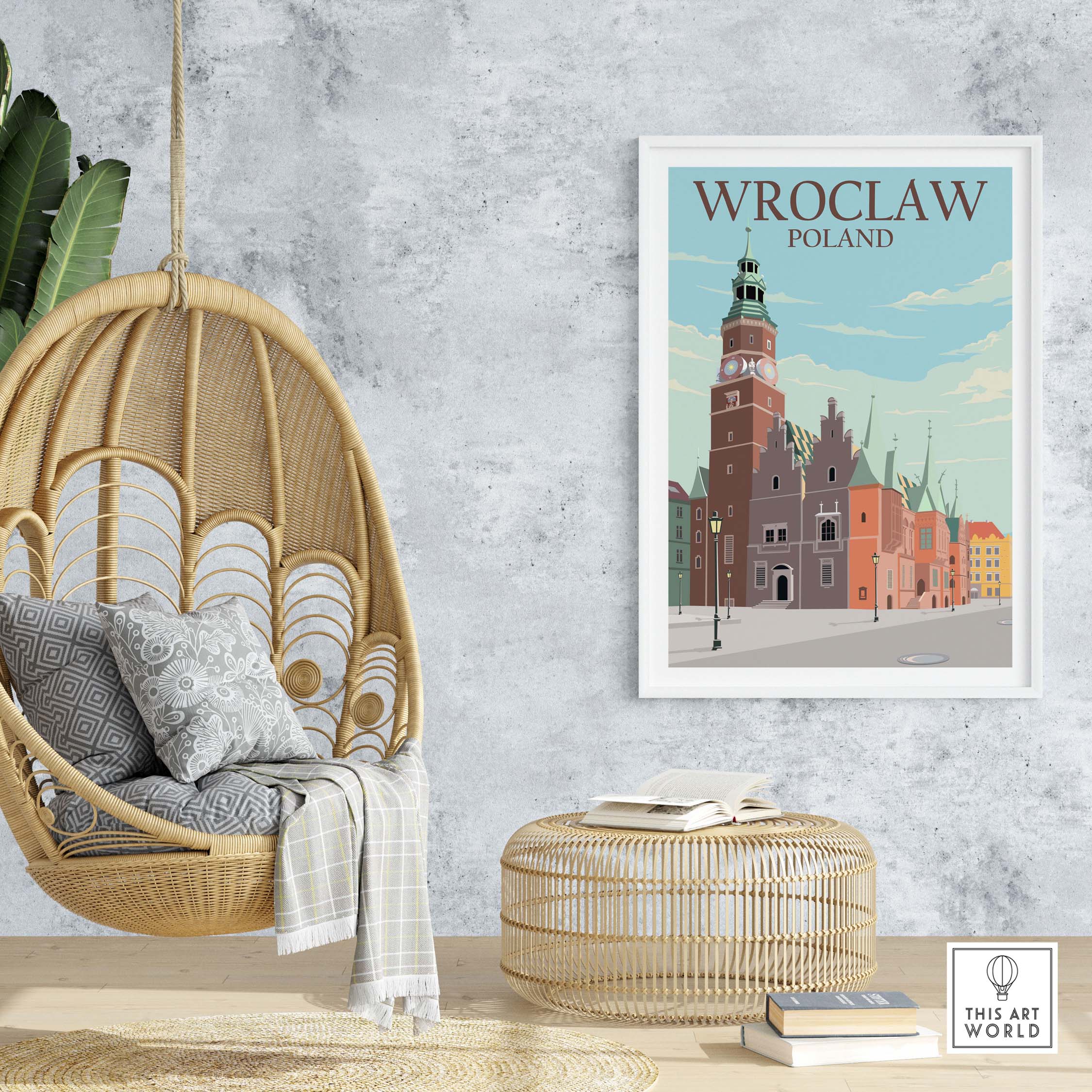 Wroclaw poster print displayed in a stylish home setting with a hanging chair and modern decor.