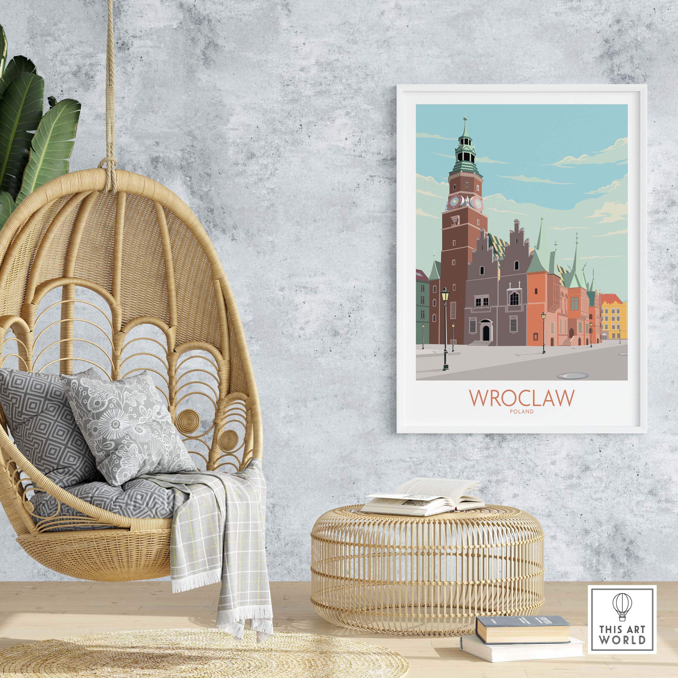 Wroclaw Print Poland travel poster in a stylish living room with hanging chair and decorative elements.