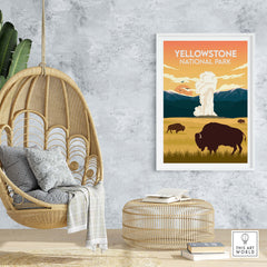 Yellowstone National Park poster featuring bison illustration in warm colors, perfect for nature lovers.