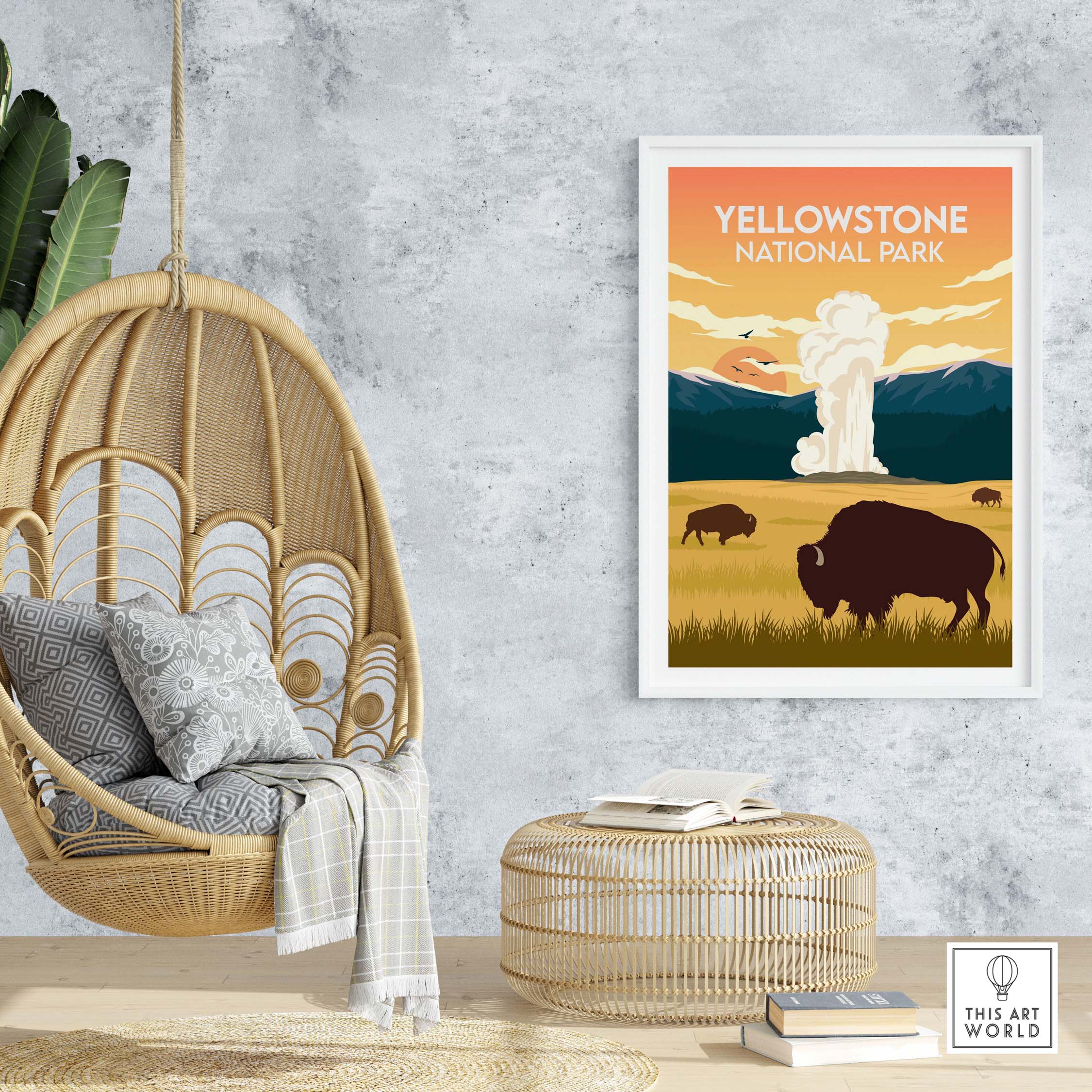 Yellowstone National Park poster featuring bison illustration in warm colors, perfect for nature lovers.