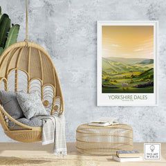 Yorkshire Dales National Park art print displayed in a modern living room with hanging chair and natural decor.