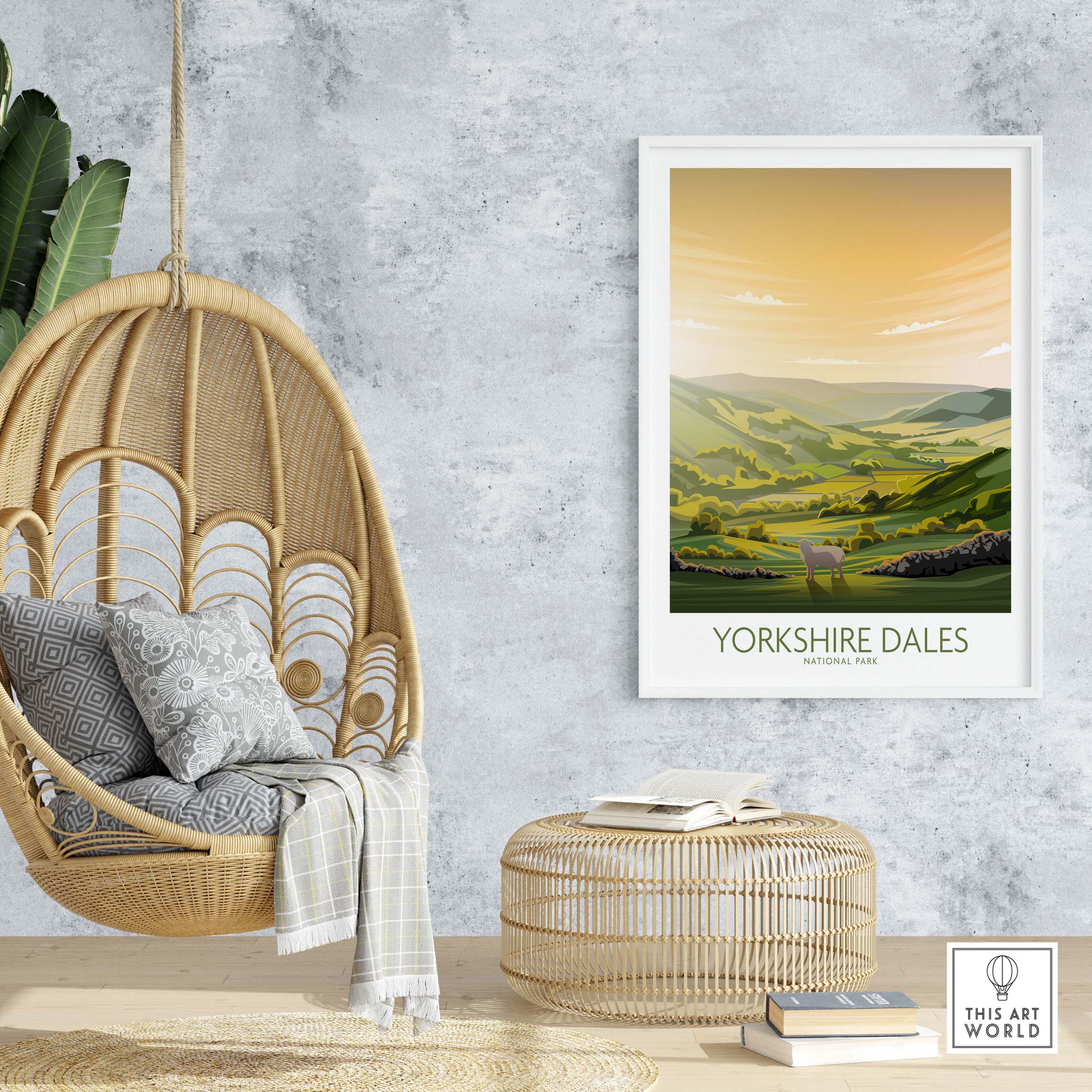 Yorkshire Dales National Park art print displayed in a modern living room with hanging chair and natural decor.