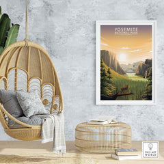 Yosemite National Park poster art displayed in a modern living space with a hanging chair and stylish decor.