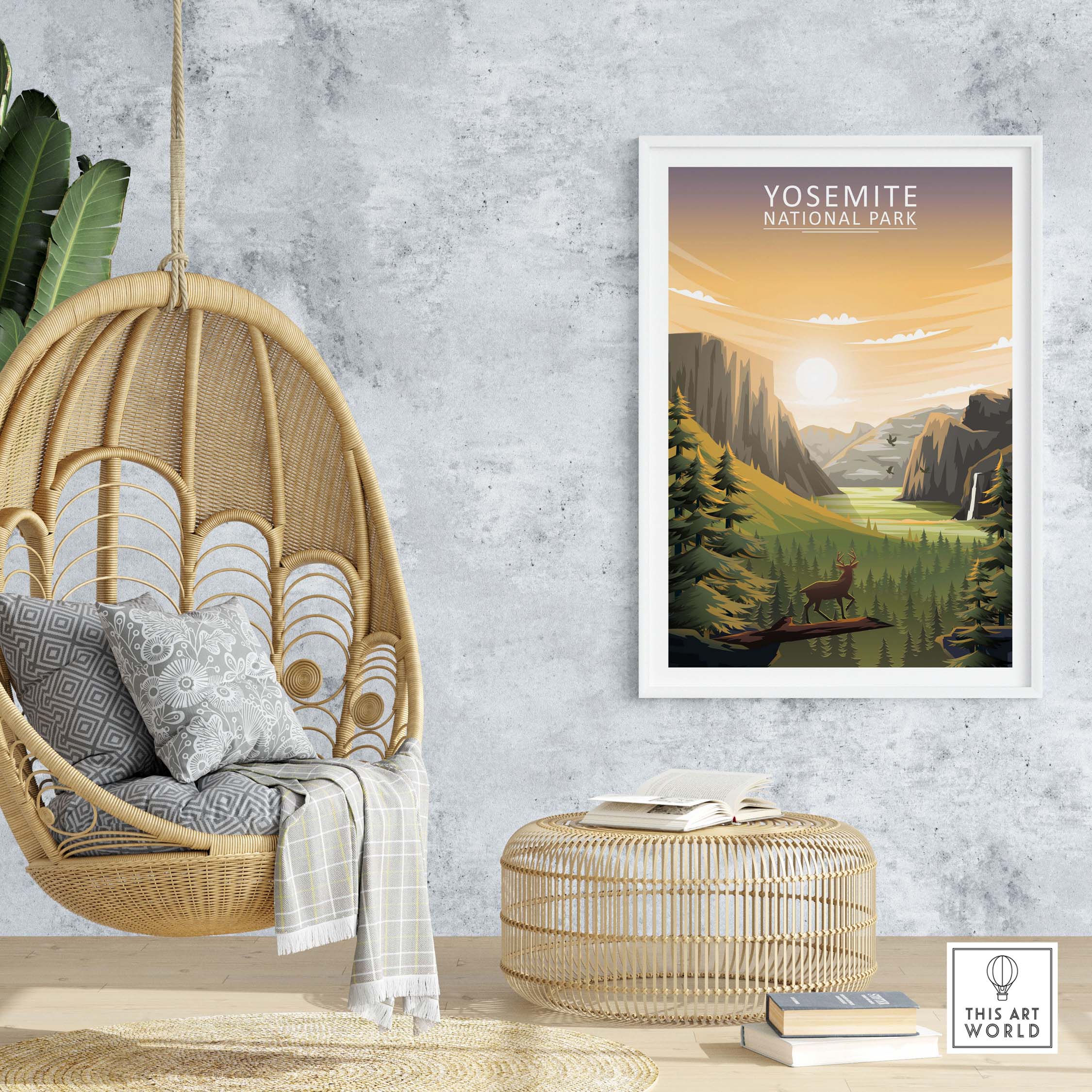Yosemite National Park poster art displayed in a modern living space with a hanging chair and stylish decor.