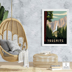 Yosemite National Park vintage print displayed in a cozy home setting with hanging chair and woven decor.