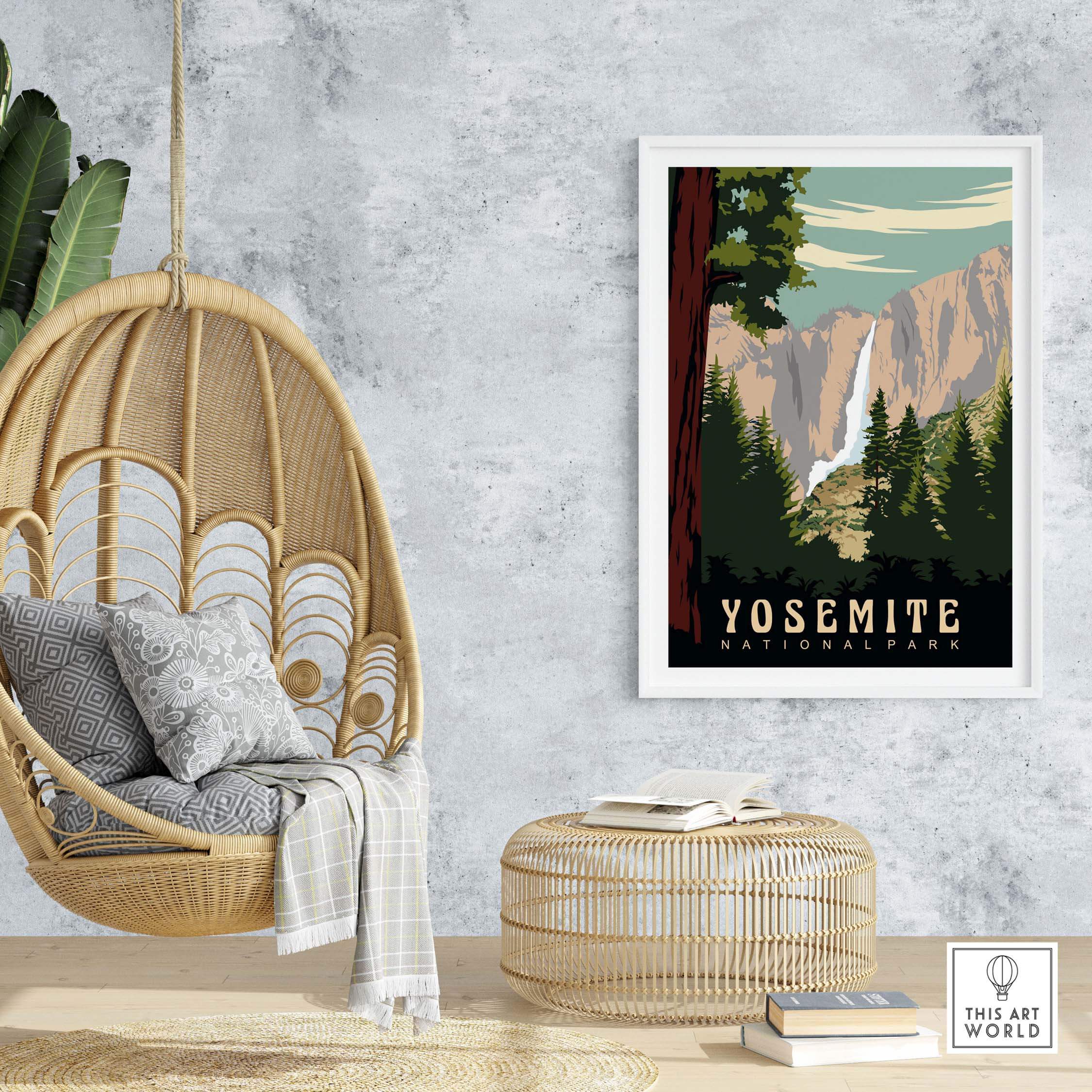 Yosemite National Park vintage print displayed in a cozy home setting with hanging chair and woven decor.