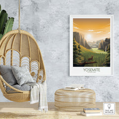 Yosemite National Park poster art displayed in a stylish modern living space with a hanging chair and natural decor.