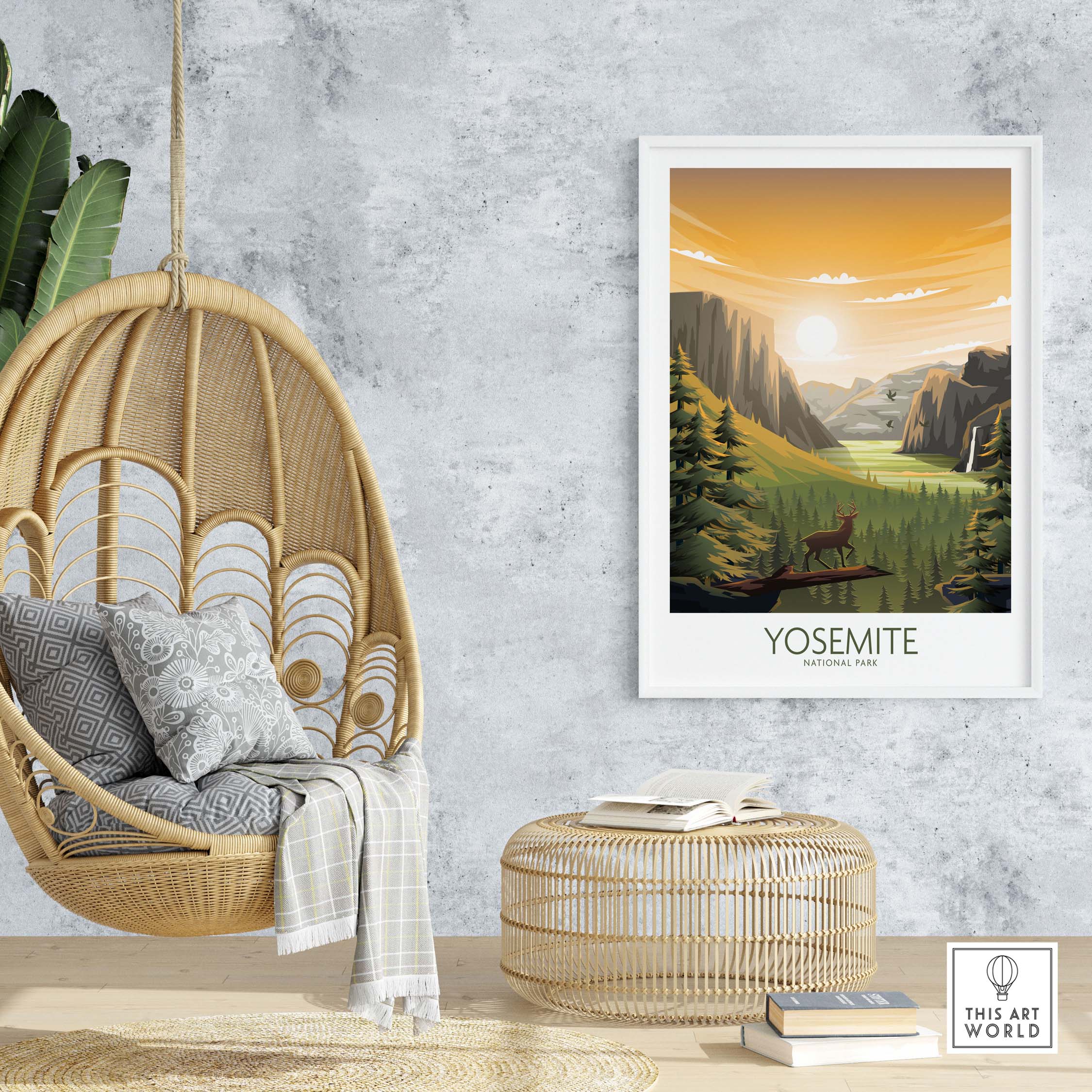 Yosemite National Park poster art displayed in a stylish modern living space with a hanging chair and natural decor.