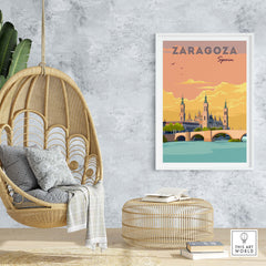 Zaragoza Spain Print featuring a vibrant cityscape in a framed artwork, perfect for home decor and travel lovers.