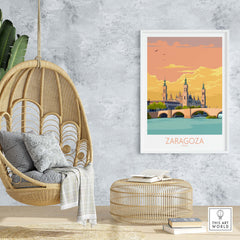 Zaragoza Spain poster displayed in a modern interior with a hanging chair and stylish decor.