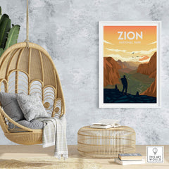 Zion National Park poster displayed in a stylish home setting with hanging chair and natural decor.