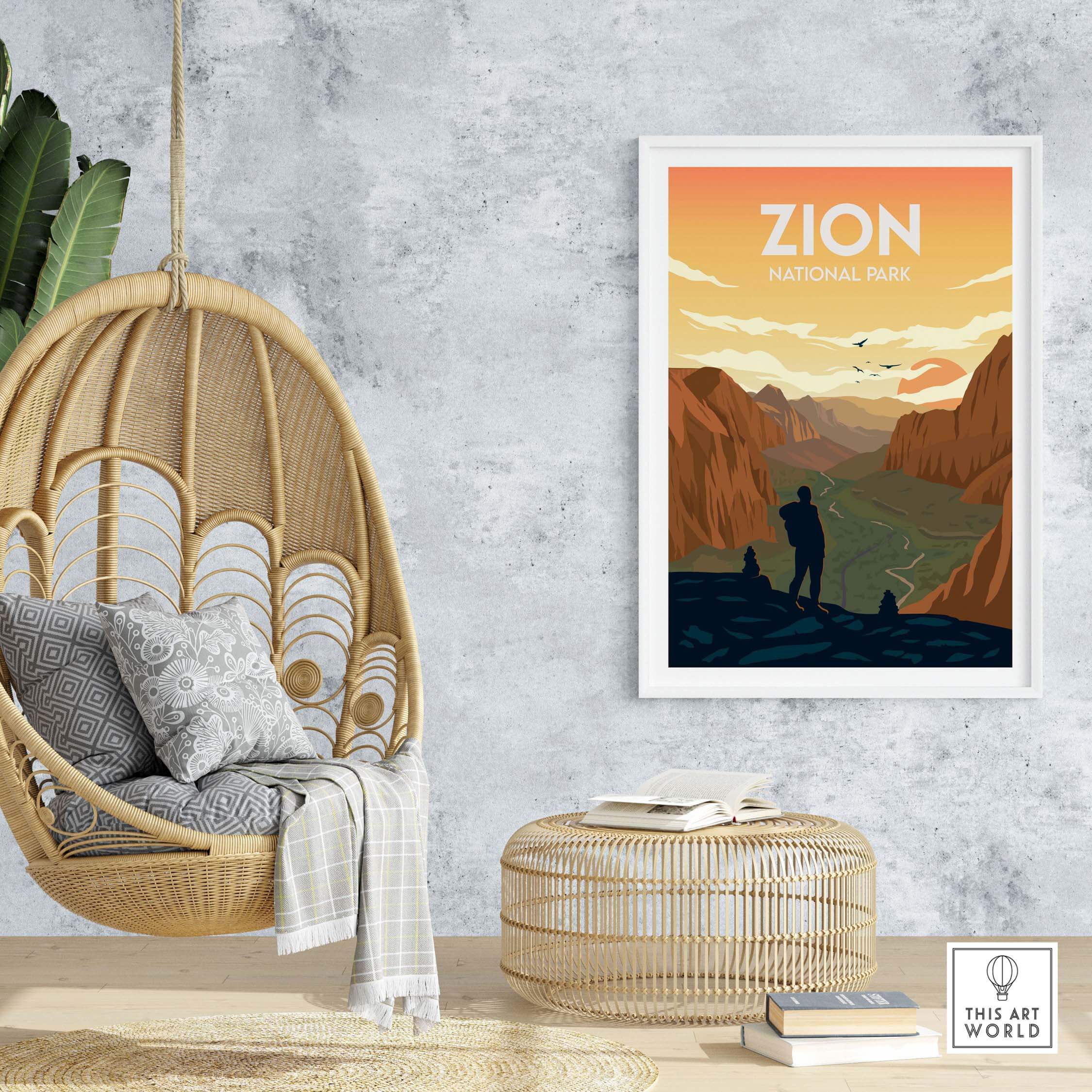 Zion National Park poster displayed in a stylish home setting with hanging chair and natural decor.