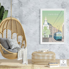 Zurich Print Wall Art Poster displayed in a stylish interior with a hanging chair and decorative accents.