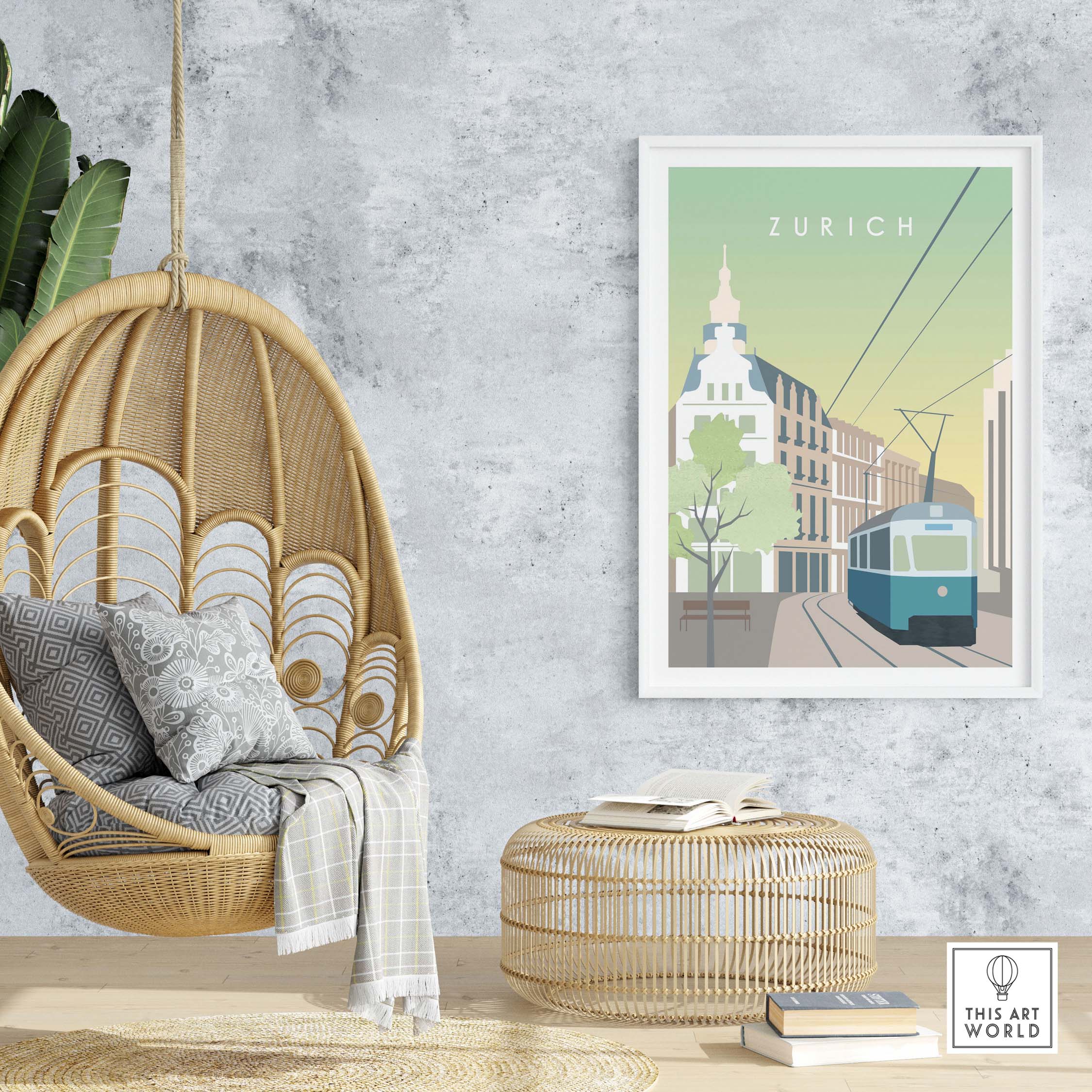 Zurich Print Wall Art Poster displayed in a stylish interior with a hanging chair and decorative accents.