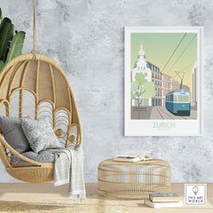 Zurich Print Travel Poster displayed in a stylish interior with a hanging chair and decorative elements.