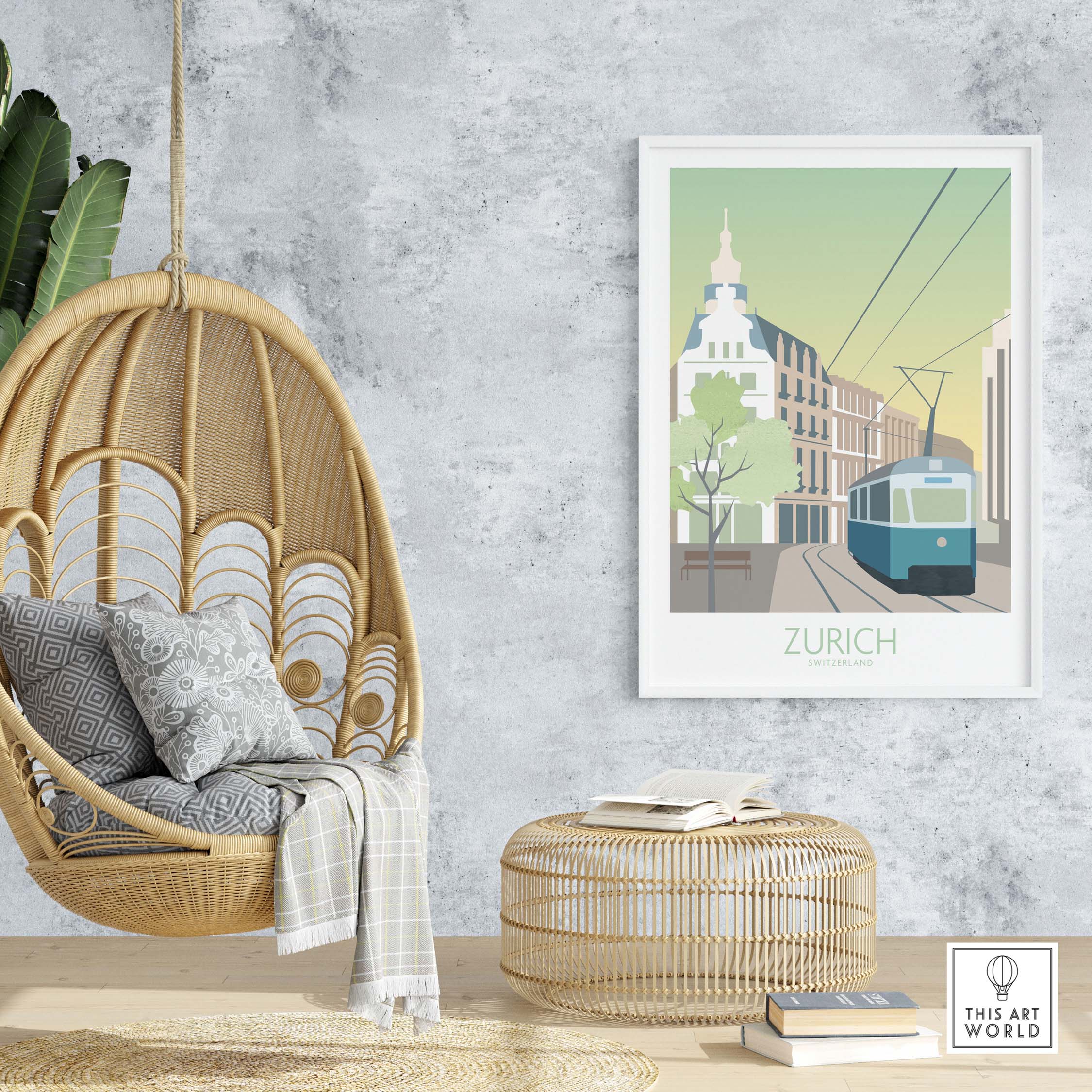 Zurich Print Travel Poster displayed in a stylish interior with a hanging chair and decorative elements.