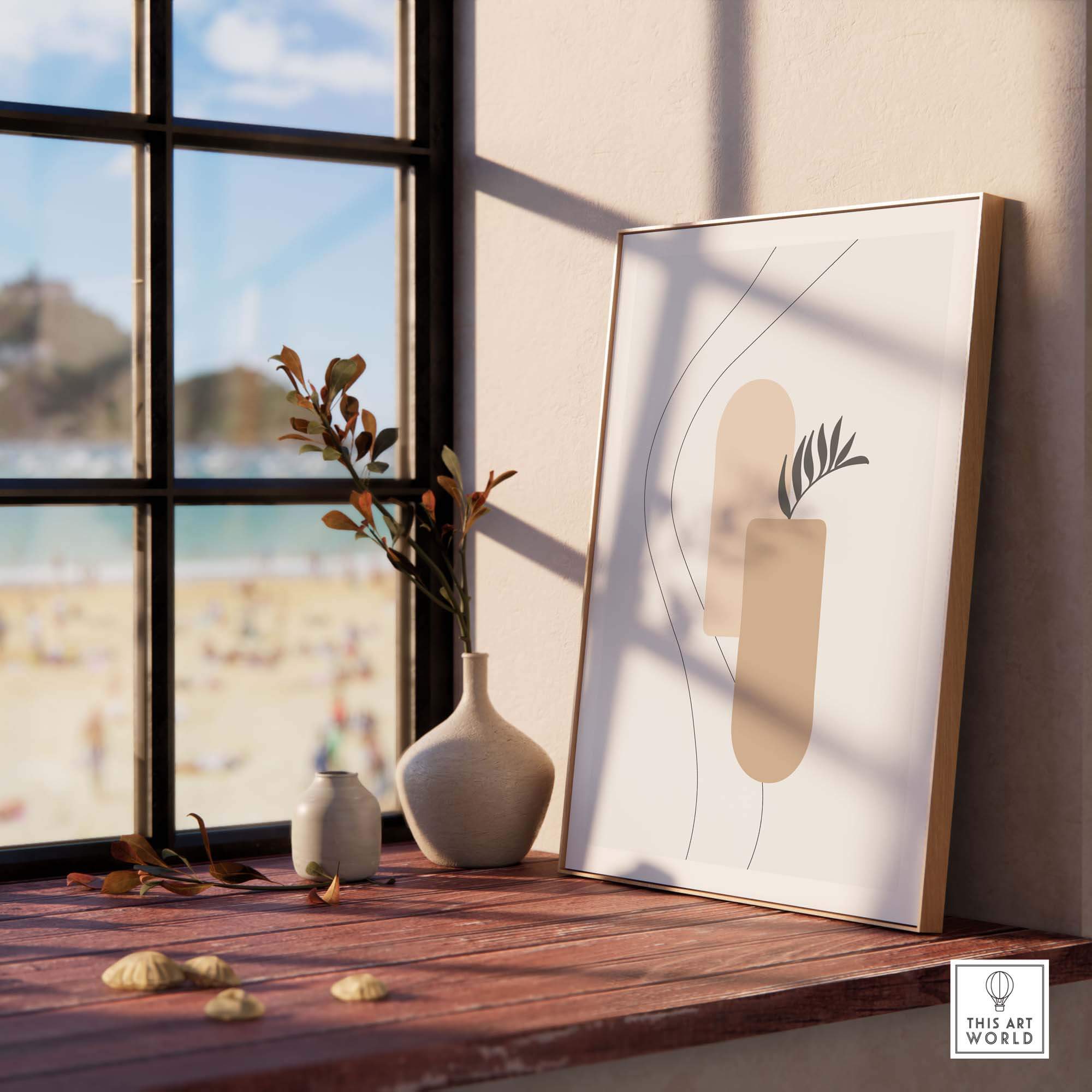 Stylish Palm Leaf Print artwork displayed near a sunny window, enhancing home decor with modern abstract design.