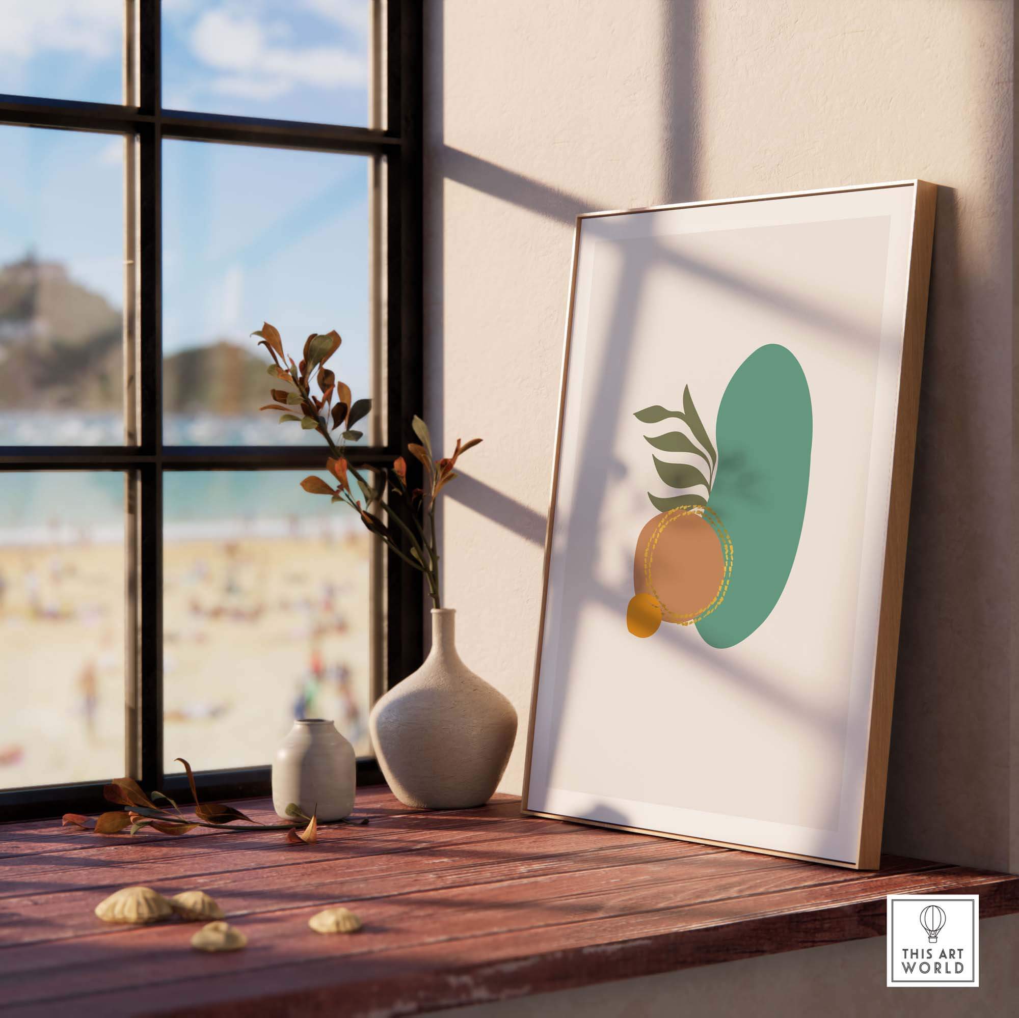 Mid Century wall art featuring abstract shapes and colors, framed on a windowsill with a serene beach view.