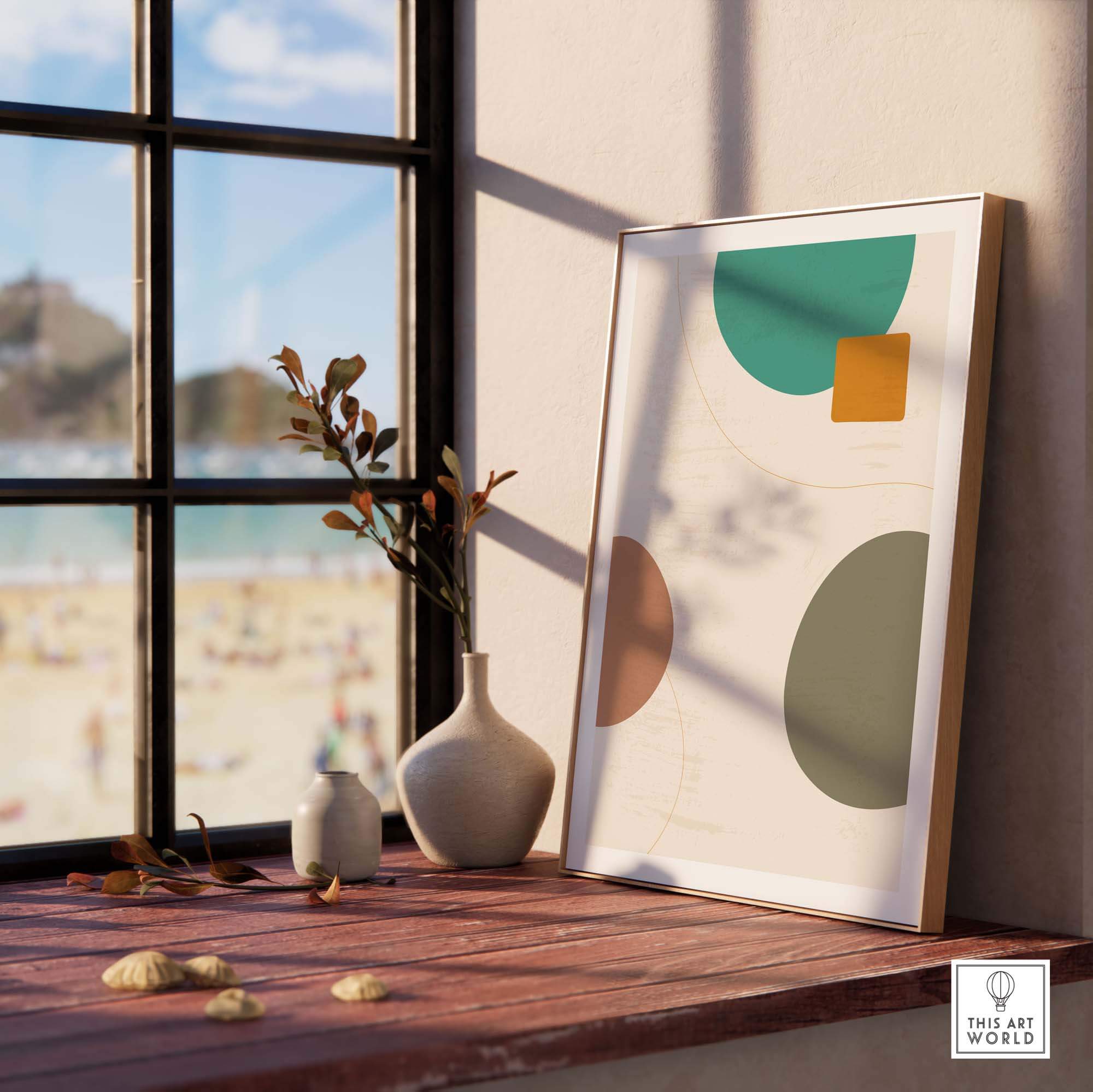 Abstract digital print featuring circular geometric shapes in a modern interior setting, bringing style and sophistication.