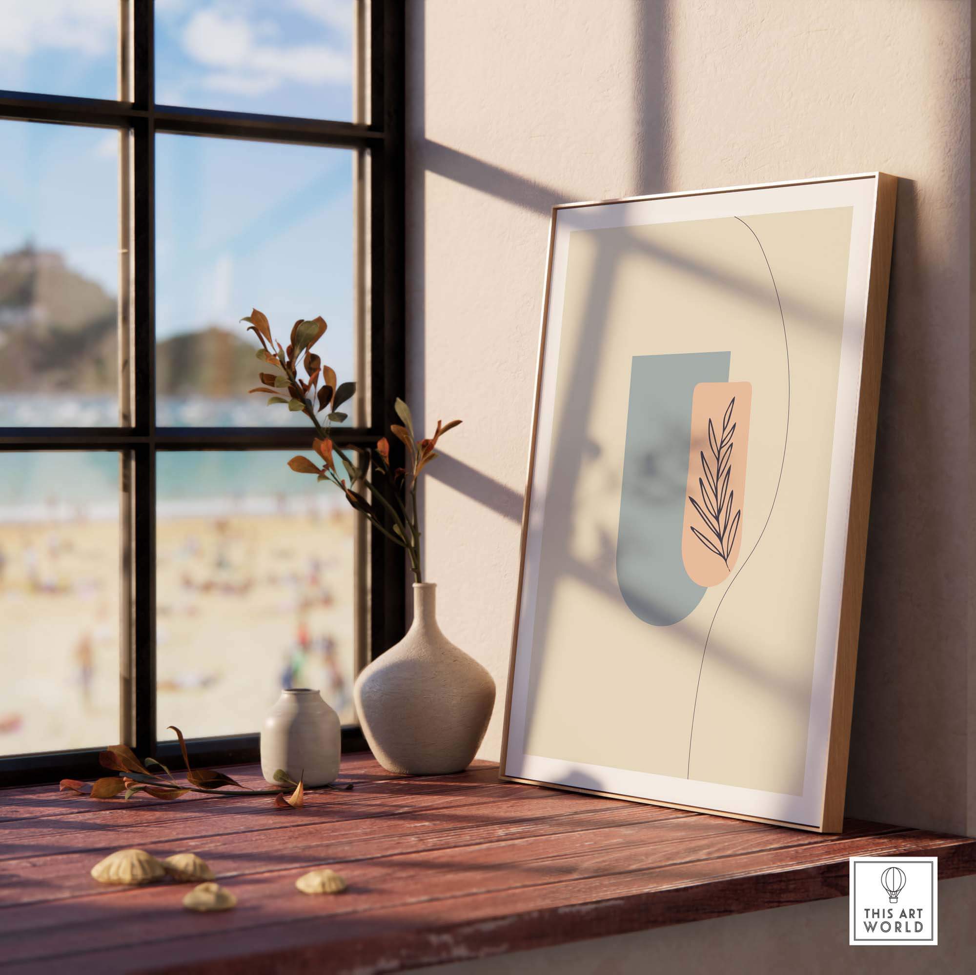 Stylish Boho art print framed on a wooden table, featuring abstract shapes and plants, enhancing room decor.