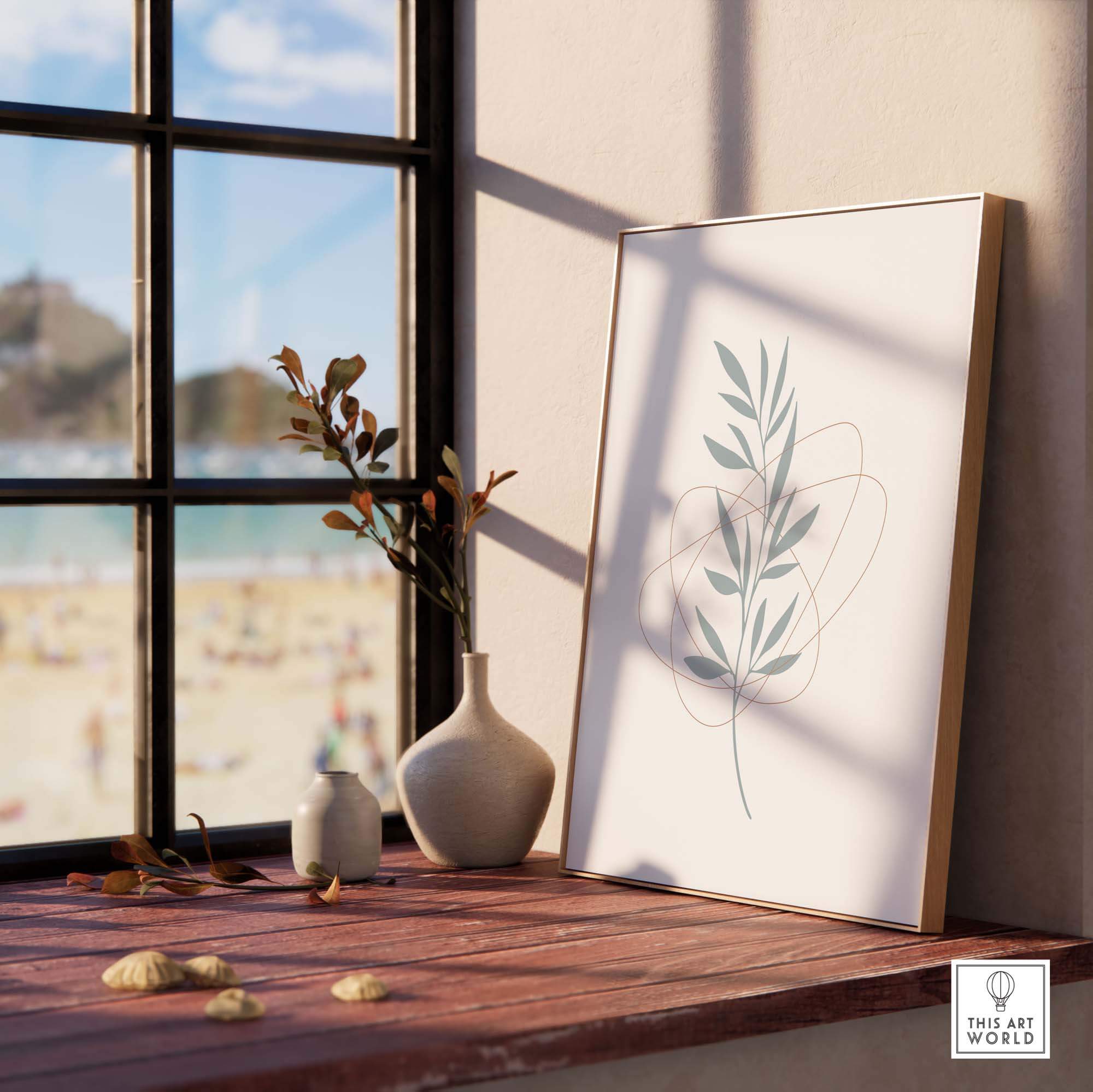 Leaf art print displayed in a stylish interior with a beach view, enhancing modern home decor.