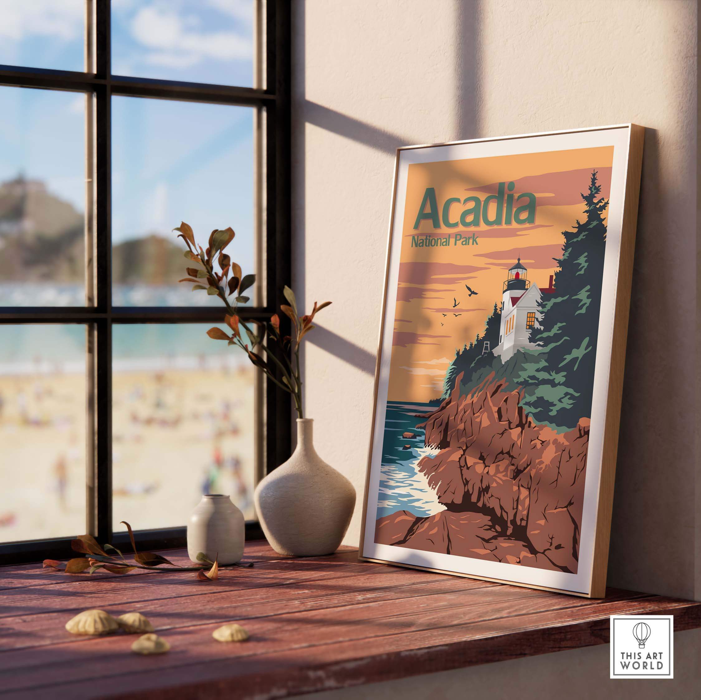 Acadia National Park vintage poster framed, showcasing a lighthouse and coastal scenery, perfect for home or office decor.