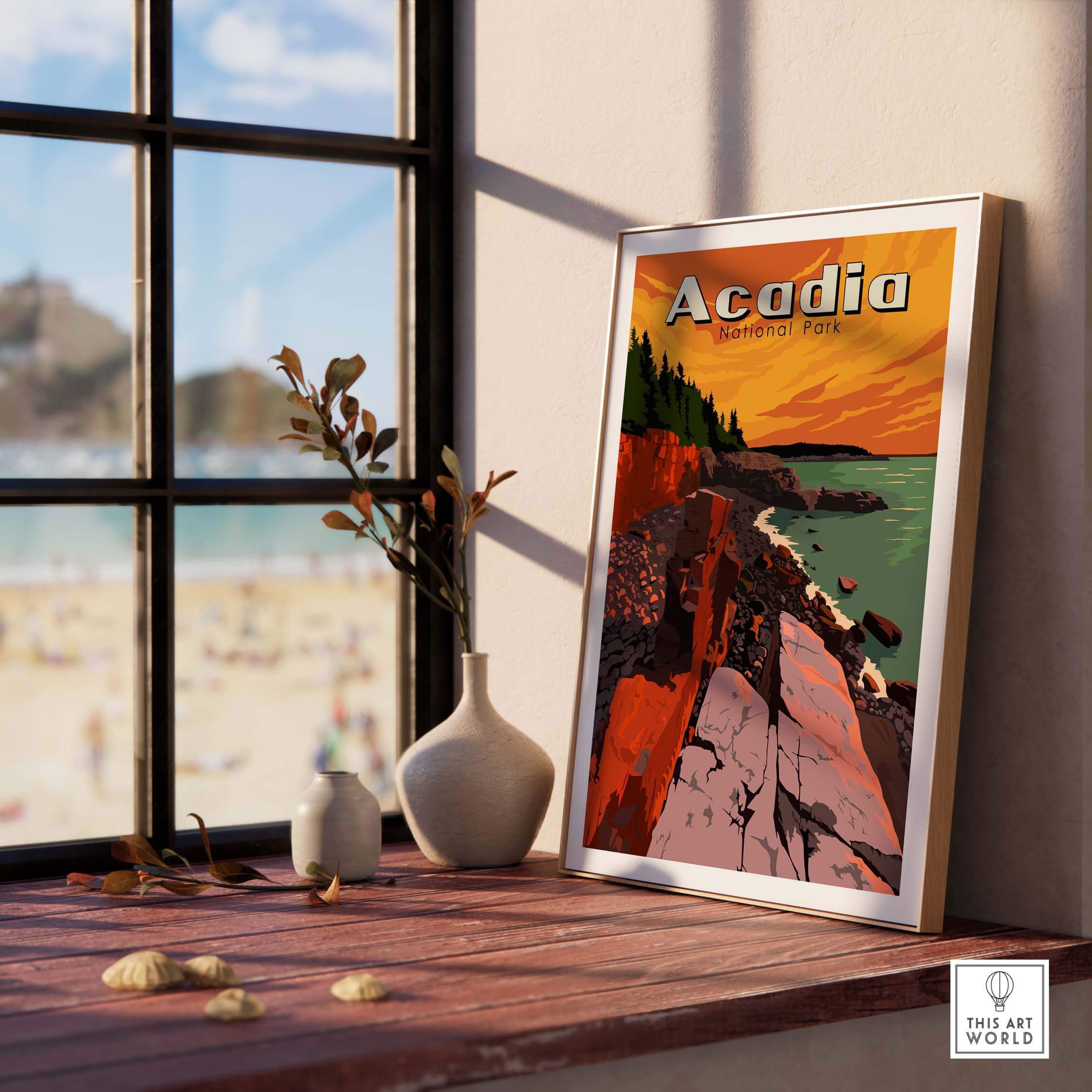 Acadia National Park Print displayed indoors, showcasing vibrant colors and vintage-inspired design for wall art.