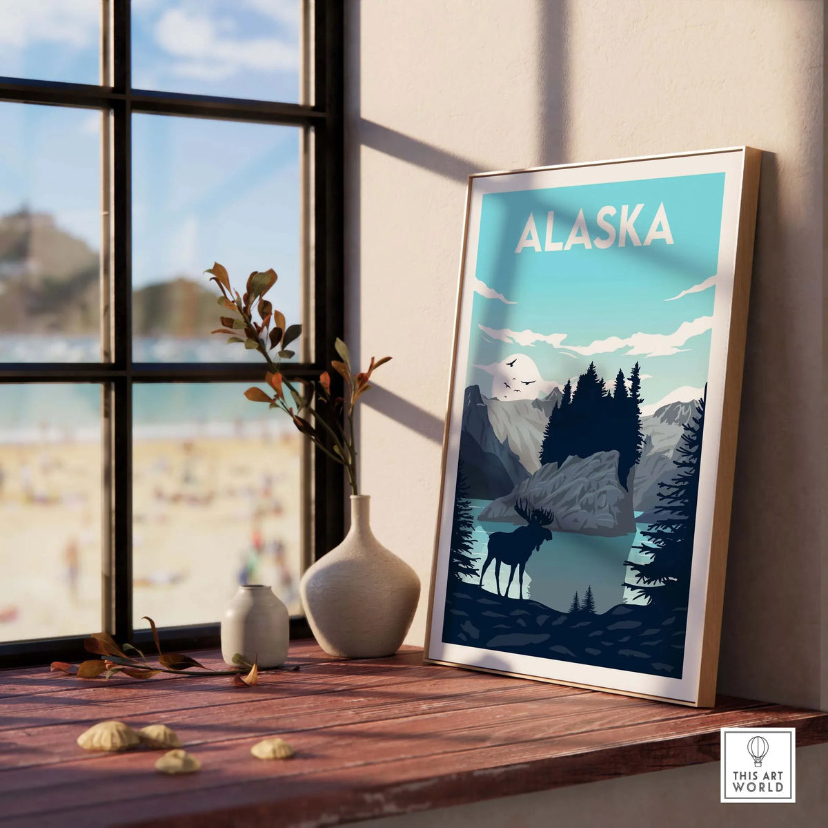 Alaska Poster Wall Art Print showcasing mountains, forest, and moose, perfect for nature lovers and home decor.