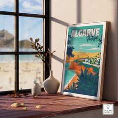 Algarve Poster Portugal displayed in a stylish interior with beach view, showcasing vibrant vintage travel art.